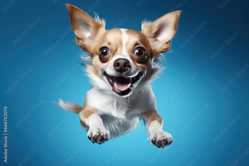 chucky dog jumping up on a blue background