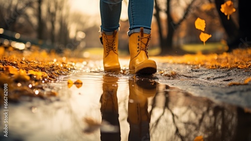 legs in rubber boots stepping into a puddle