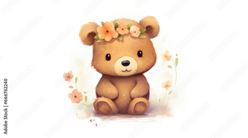 A painting of a bear with flowers on its head A painting of a bear with flowers on its head