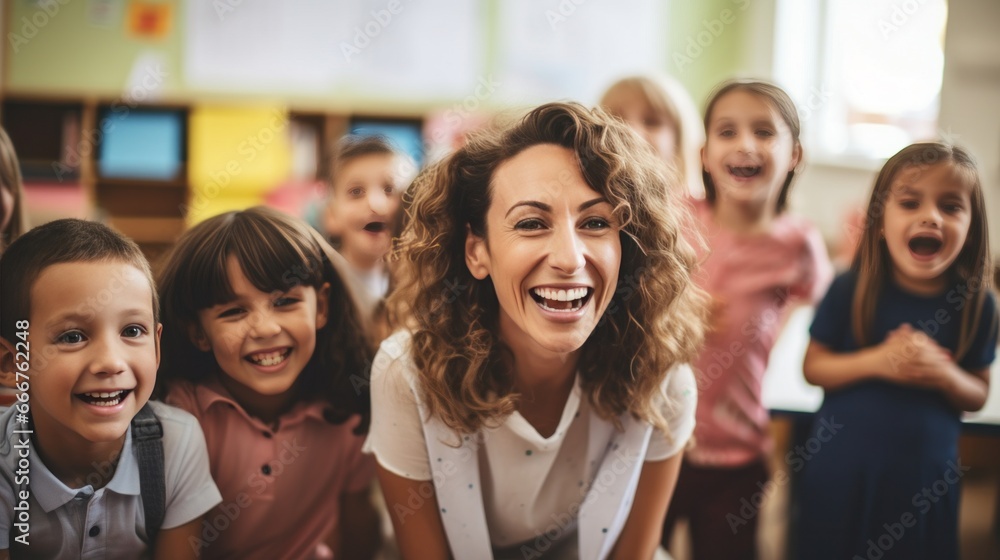 Fototapeta premium A Joyous Scene: Smiling Children and Teacher in a Classroom