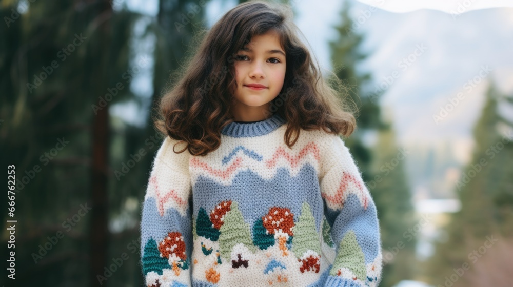 A young girl wearing a colorful sweater standing in front of a forest A young girl wearing a colorful sweater standing in front of a forest