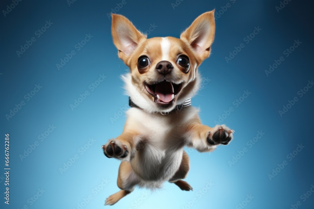 chucky dog jumping up on a blue background