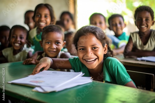 A Joyous Scene: Smiling Children and Teacher in a Classroom