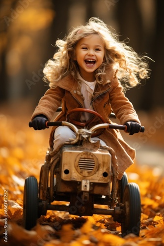 a little girl is playing with leaves while riding on the car © olegganko
