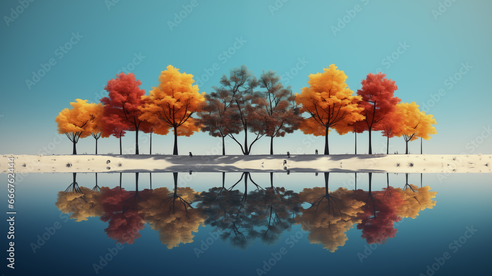 Reflecting Nature's Palette: Multicolored Trees by the Water's Edge
