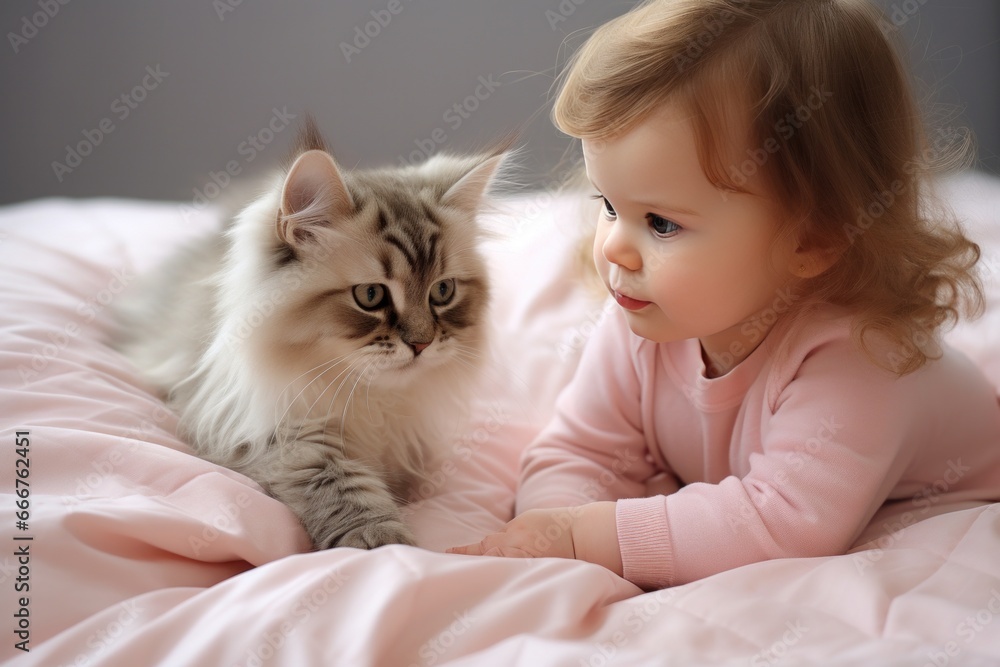 baby and kitten playing with cat on the blanket