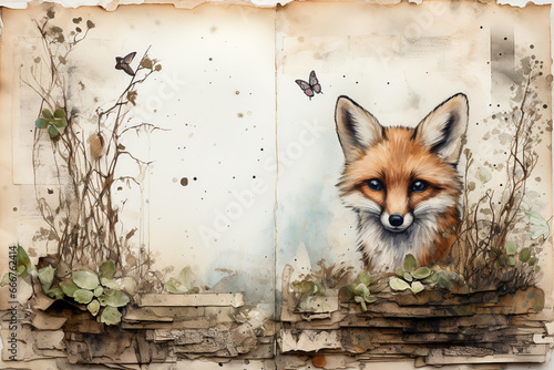 Whimsical Wonderland: Open Book with Floral Illustrations and a Sly Fox