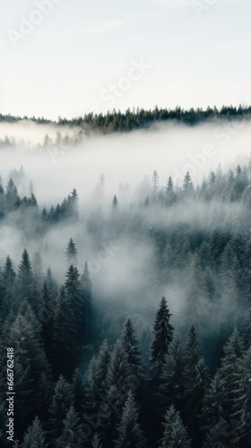 A top view of a forest with a white fog rolling over the treetops. © olegganko