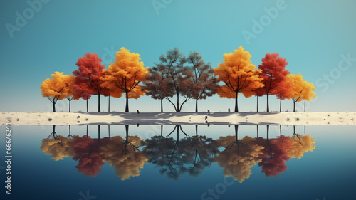Obraz na płótnie Reflecting Nature's Palette: Multicolored Trees by the Water's Edge w salonie