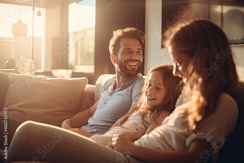 A family portrait: Father, mother, daughter embrace on the living room sofa, radiating love.