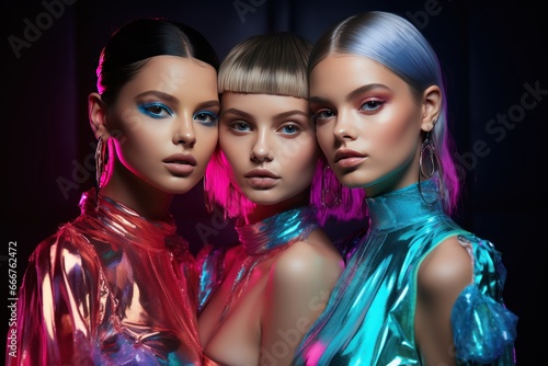 Three beautiful young women in colorful shiny dresses posing. Fashion Concept. Background with a copy space.