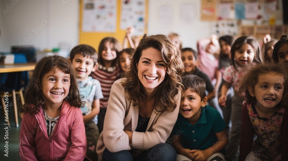 A Joyous Scene: Smiling Children and Teacher in a Classroom A Joyous Scene: Smiling Children and Teacher in a Classroom