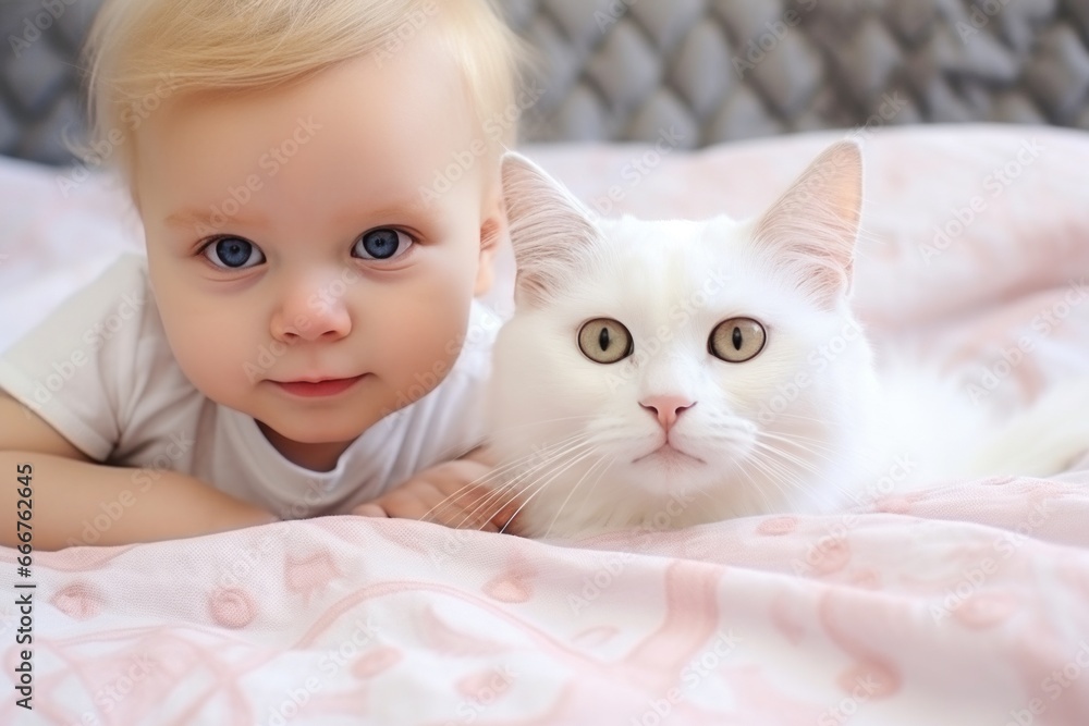 baby and kitten playing with cat on the blanket baby and kitten playing with cat on the blanket