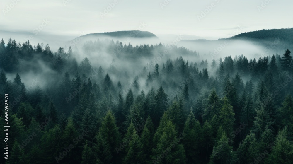 An aerial shot of a dense forest with a white fog