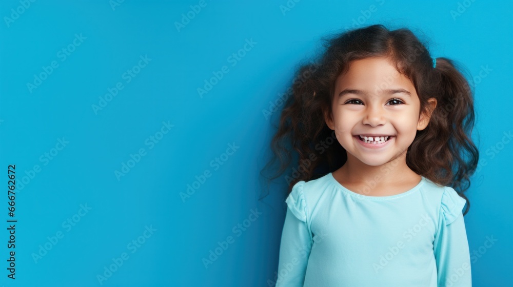 Back to School. Happy Young Girl on a Blue Back to School. Happy Young Girl on a Blue