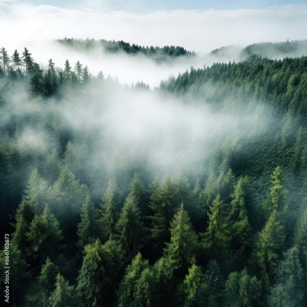 Fototapeta premium An aerial shot of a dense forest with a white fog