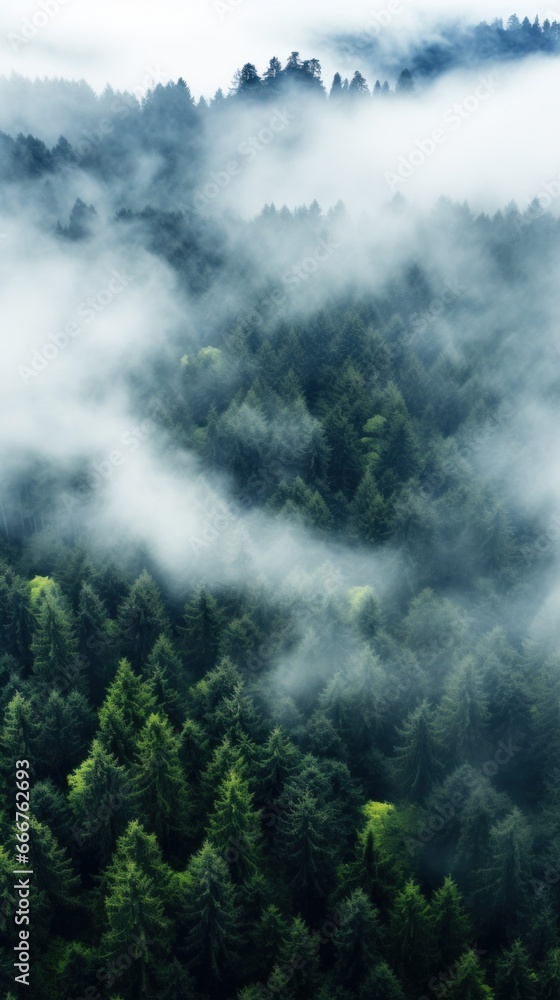 Fototapeta premium An aerial shot of a dense forest with a white fog