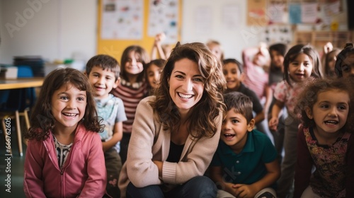 A Joyous Scene: Smiling Children and Teacher in a Classroom