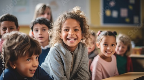 A Joyous Scene: Smiling Children and Teacher in a Classroom