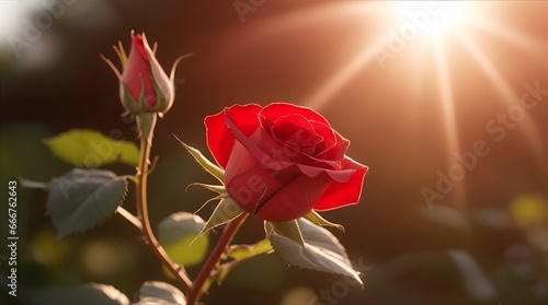 Summer scene with red rose in rays of sunlight. Close-up or macro
