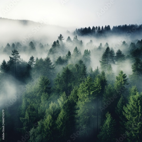 A high angle shot of a forest with a white fog covering © olegganko
