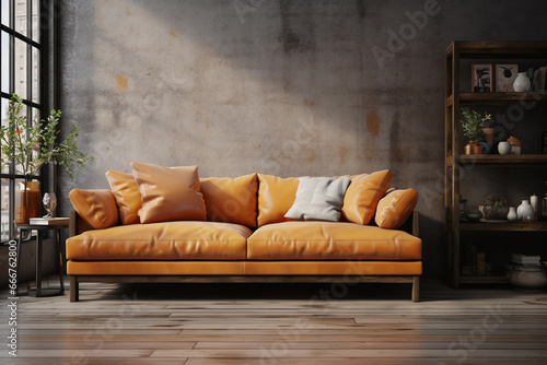 Living room home interior background. Empty grange brown wall with yellow sofa mock up
