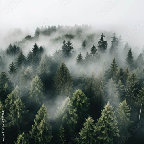 An aerial shot of a dense forest with a white fog