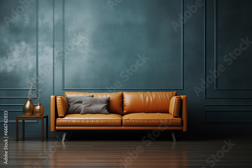 Living room home interior background. Empty teal wall with yellow sofa mock up © Kiyan