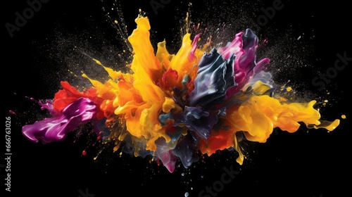 Bold and dynamic paint splashes on a black background. AI generated © PandaStockArt