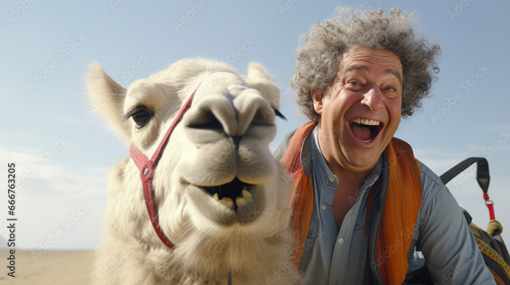 happy nomad man taking crazy selfie during camel riding in Sahara Desert happy nomad man taking crazy selfie during camel riding in Sahara Desert