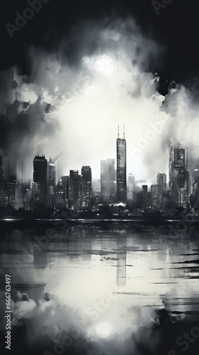 Silhouette cityscape background. Black buildings with smoke. Dramatic concept © cac_tus