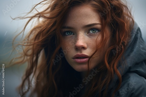Portrait of a redhead teen girl wearing a hoodie and looking with serious expression
