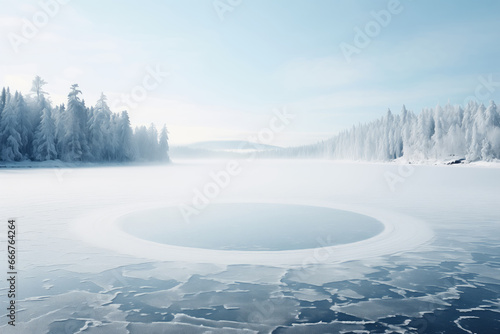 Winter landscape with frozen lake and snow covered trees.