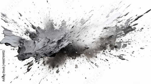 Monochromatic gray paint splashes on a white background. AI generated