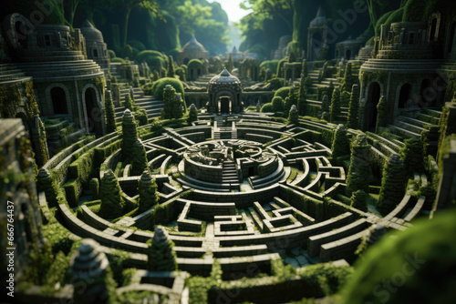 A labyrinthine maze, symbolizing the intricate web of myths and legends spun by cultures worldwide. Generative Ai.