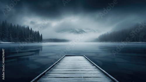 Wooden pier on a lake in a foggy forest. Long exposure.