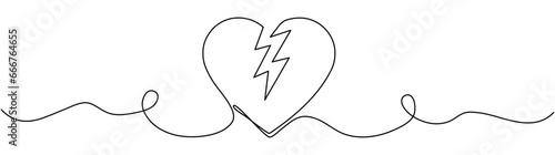 Broken heart continuous one line art drawing. Heart wavy line. Unhappy love symbol concept. Vector illustration isolated on white.