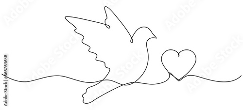 Flying dove with heart continuous one line drawing. Love bird symbol. Vector illustration isolated on white.