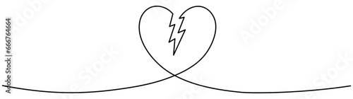 Broken heart continuous one line art drawing. Heart wavy line. Unhappy love symbol concept. Vector illustration isolated on white.