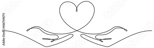 Hands holding heart continuous one line drawing. Charity donation linear concept. Vector isolated on white.