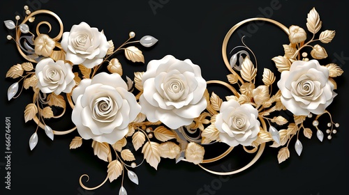 white roses and gold leaves on a black background
