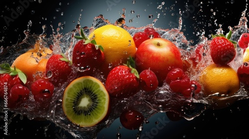  a bunch of fruit that are in the water with a splash.  generative ai