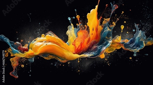 Organic and fluid paint splashes on a black background. AI generated