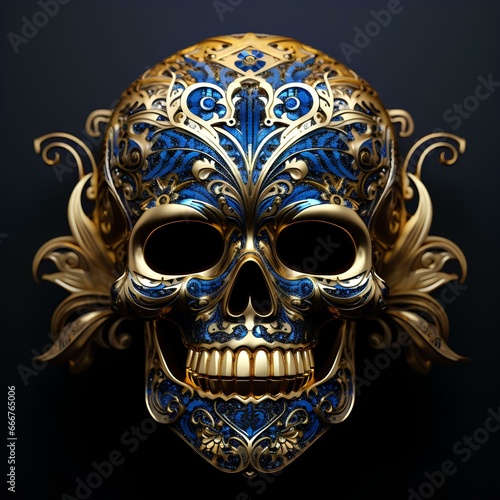 skull with blue and gold ornamentation on a black background
