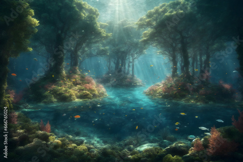 Surreal Underwater Fantasy: Floating Trees in the Submerged Forest