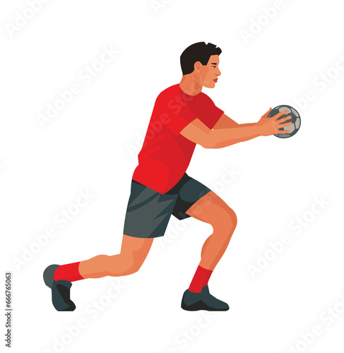 Thai handball player in a red T-shirt catches the ball, pose of a handball player