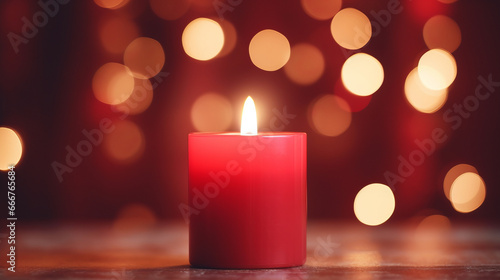 A vibrant red candle illuminating a wooden table