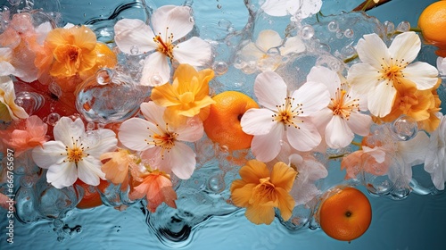  a group of oranges and flowers floating in a body of water.  generative ai