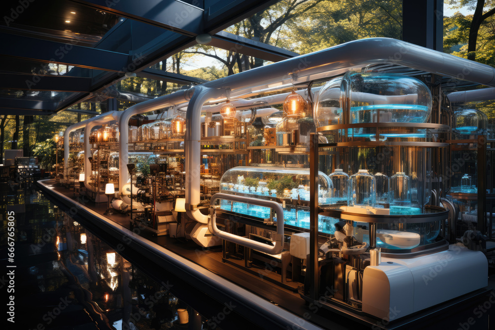 Fototapeta premium An innovative technology center developing eco-friendly alternatives to single-use plastics. Generative Ai.