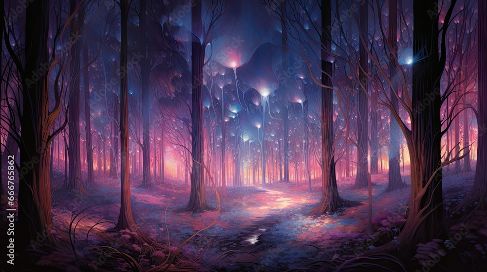  a painting of a forest with a path leading through it.  generative ai